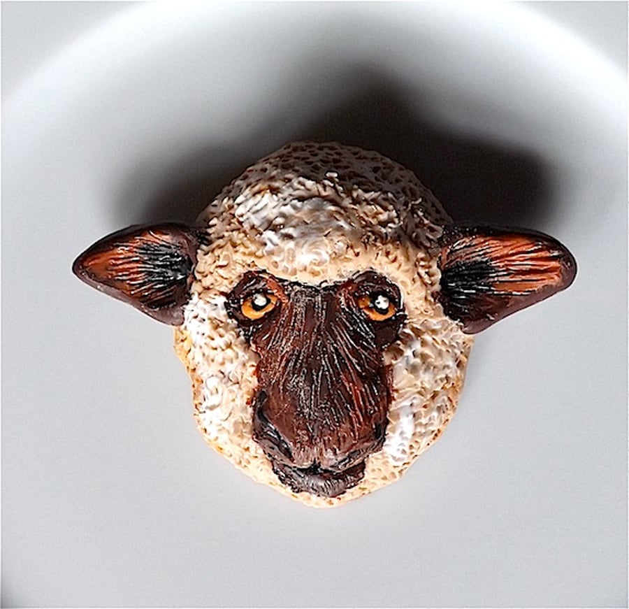 DORSET DOWN sheep brooch, badge, original in hand sculptured polymer clay.