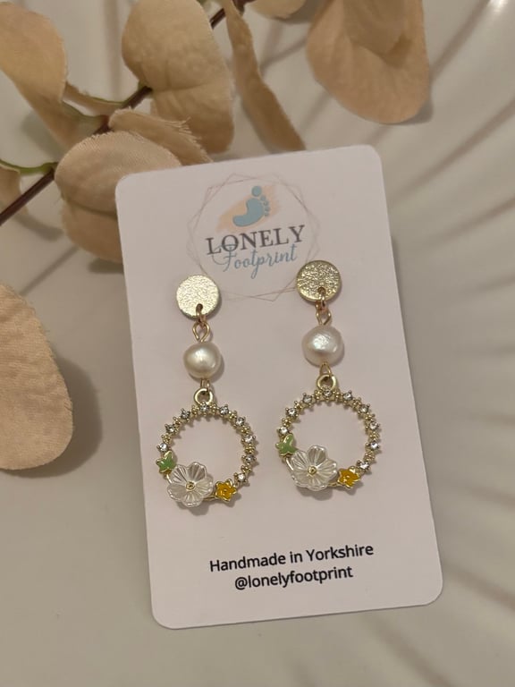 Crystal and Pearl Floral Earrings, Dainty Drop Earrings, Handmade Jewellery 