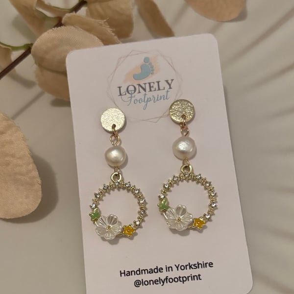Crystal and Pearl Floral Earrings, Dainty Drop Earrings, Handmade Jewellery 