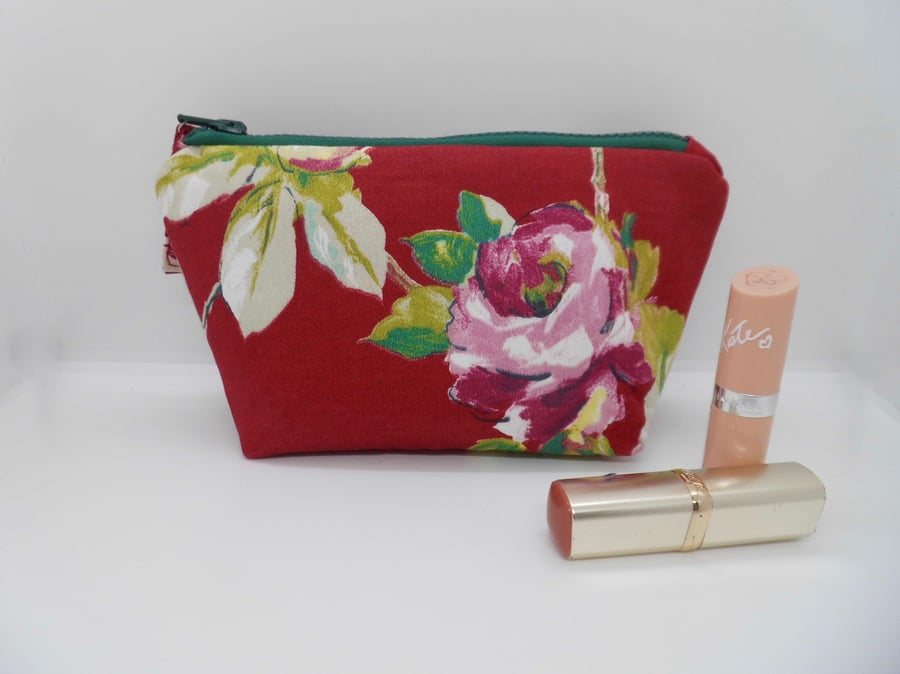 SOLD Roses print fabric make up bag in red 