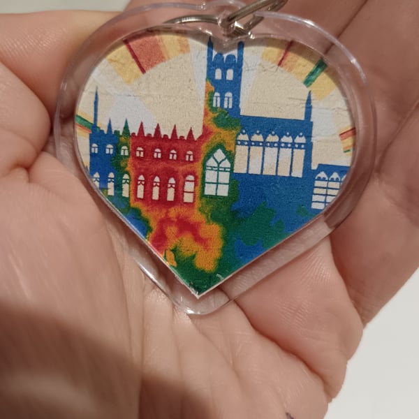 Colourful Gloucester Cathedral Graffiti art heart shaped photography keyring 