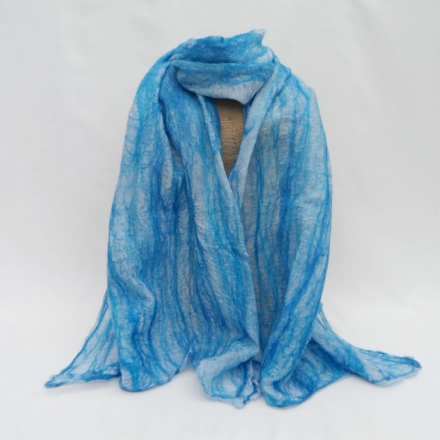 Long blue nuno felted silk scarf 