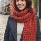 Handmade 7-Foot Puff Stitch Scarf: Rust Double-Strand Winter Accessory
