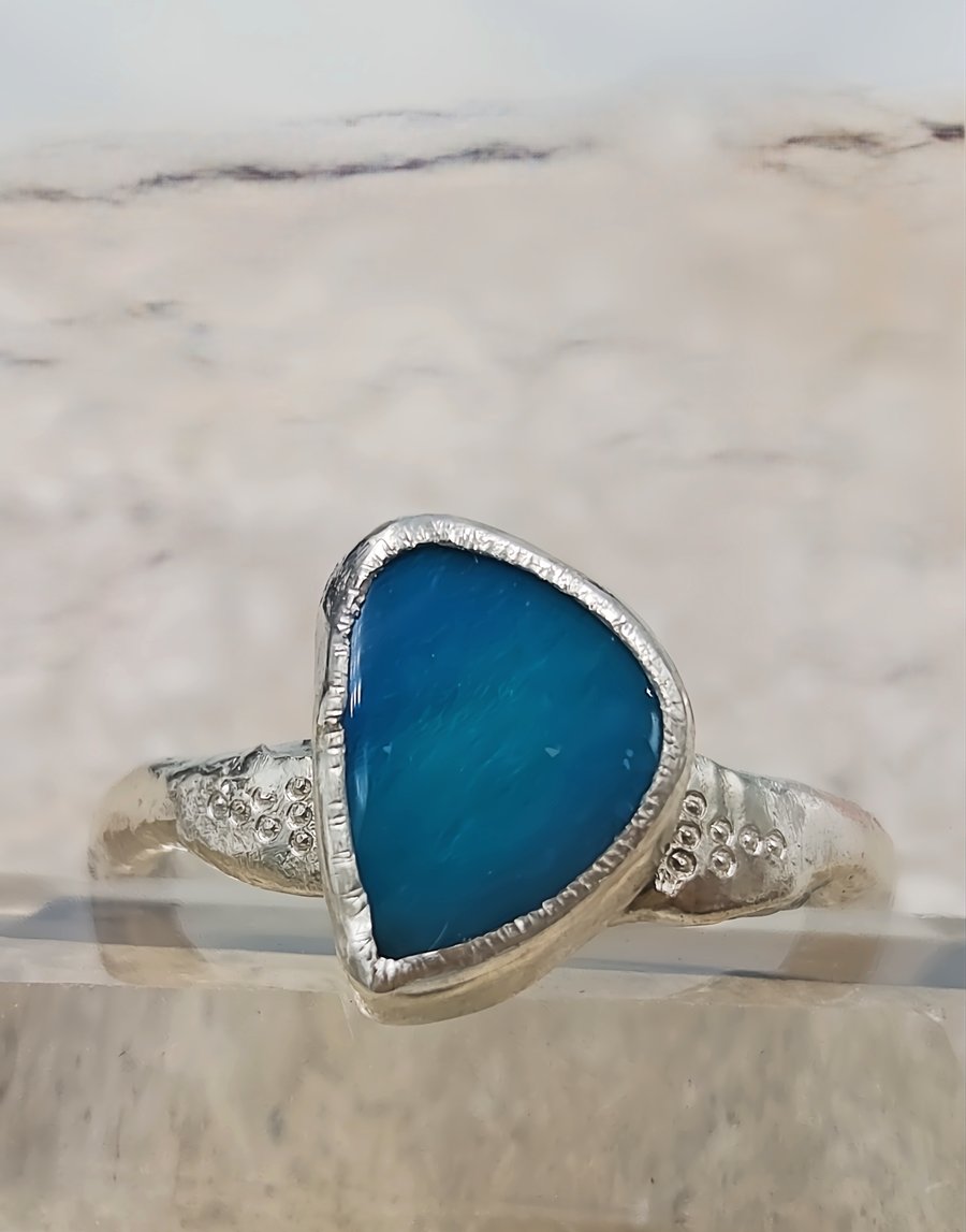 Handmade Opal Doublet Ring in Sterling Silver – Organic Rustic Ring - Size L
