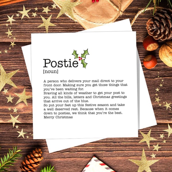 Postie Definition Christmas Card, Postman, Postwoman, blank inside