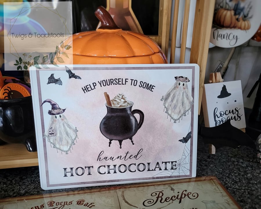 Haunted hot chocolate bar sign, metal 