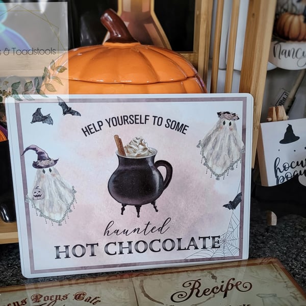 Haunted hot chocolate bar sign, metal 
