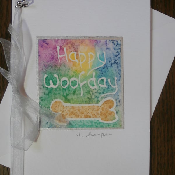 Hand painted watercolour card. Birthday card for the dog, Happy Woofday. 