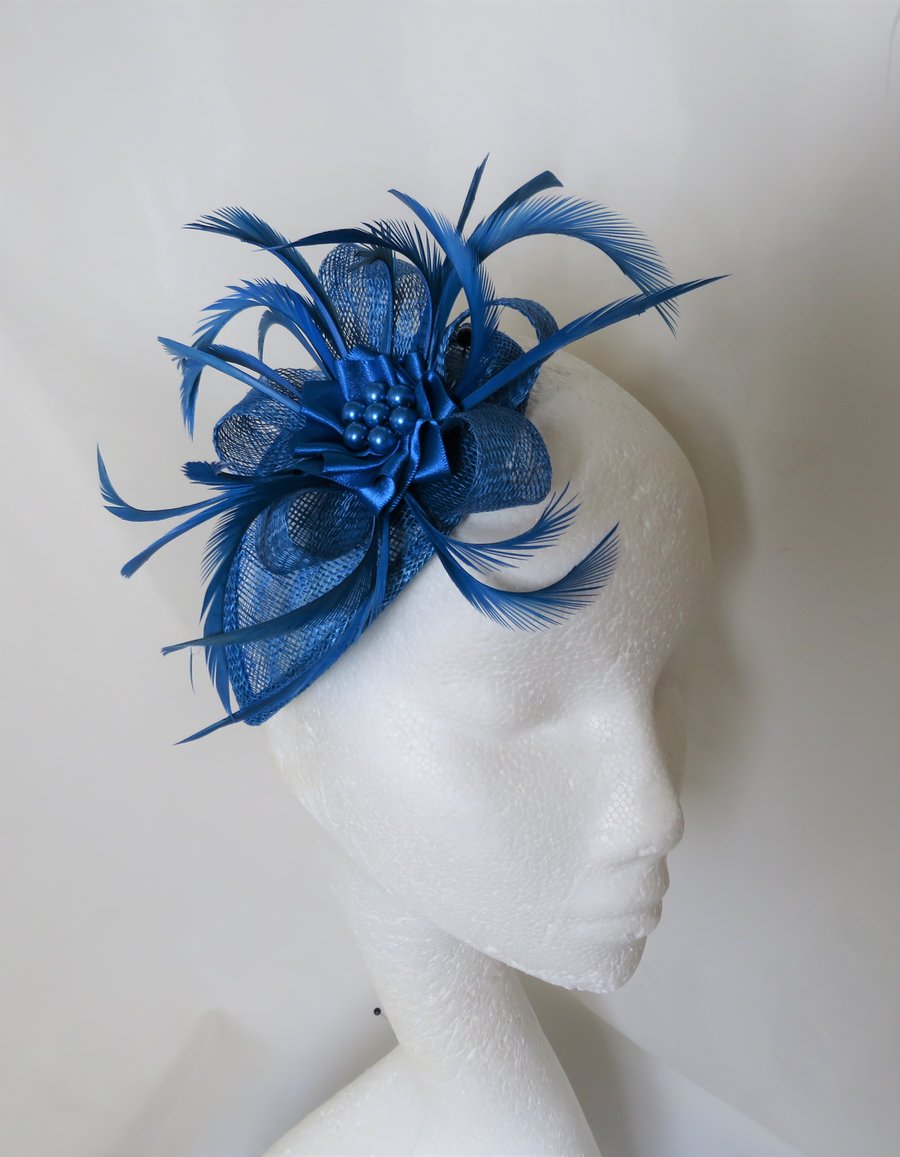 Sapphire Classic Blue Sinamay and Feather Fascinator for a Wedding Ascot Races