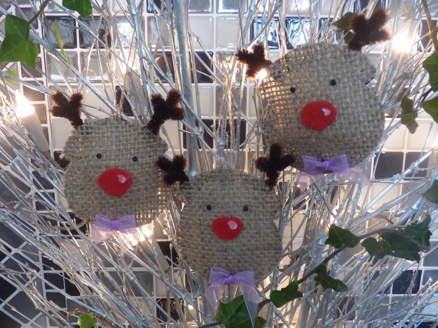 Jute Reindeer Tree Decorations Lilac Ribbon FREE POST