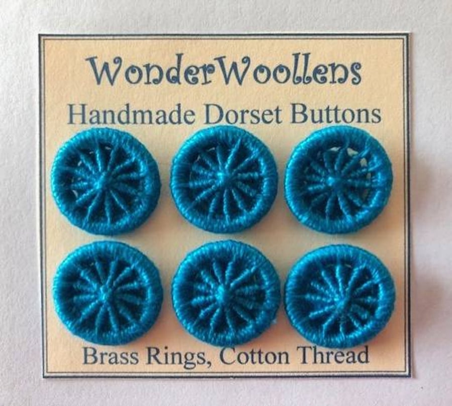 Dorset Buttons, Handmade, Electric Blue, Cotton Thread on Brass Rings, 2cm