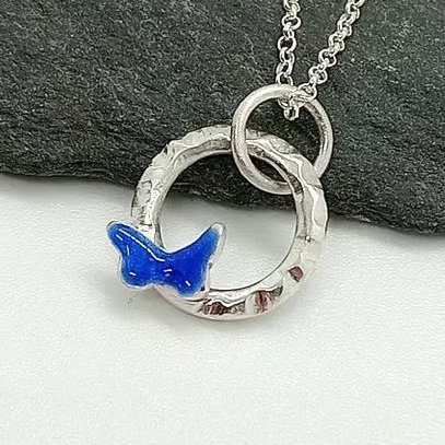 Enamelled butterfly necklace royal blue sterling silver hallmarked