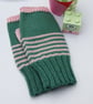 Pink and Green Stripe Fingerless Wool Knit Gloves, Handmade Wrist Warmers - Image 3