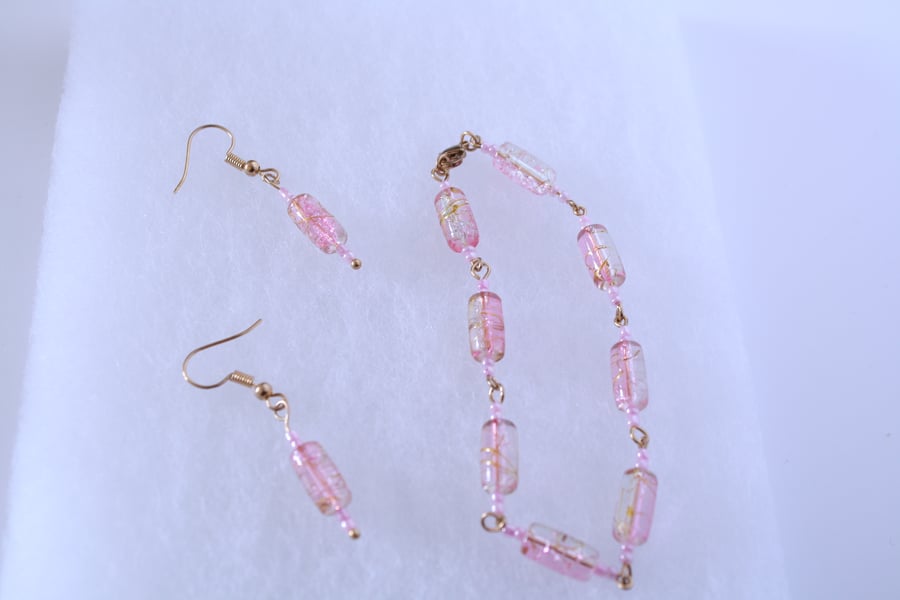 Pink Crackle Glass and Gold Bracelet and Earrings