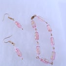 Pink Crackle Glass and Gold Bracelet and Earrings