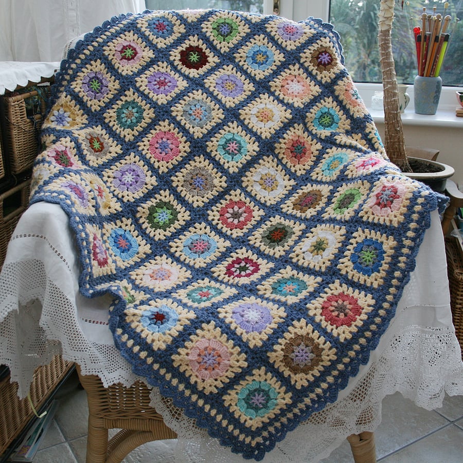 Crocheted Blanket Throw - Blue, Buttermilk and multi