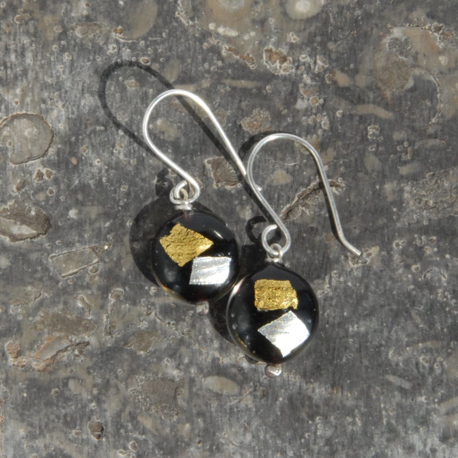 Sterling silver and Murano glass earrings - silver and gold on black  