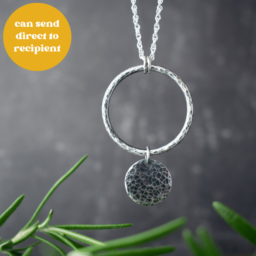 Silver Circle Necklace, Rustic Hammered Oxidised Silver Pendant