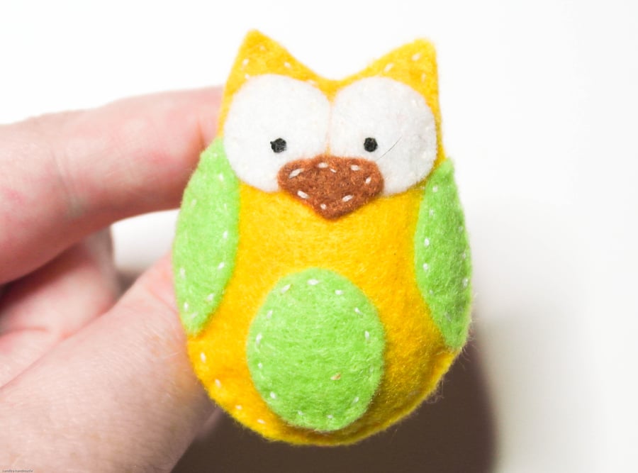 Seconds Sunday Felt Owl Brooch, Cute Handmade Yellow And Green Owl Pin,  