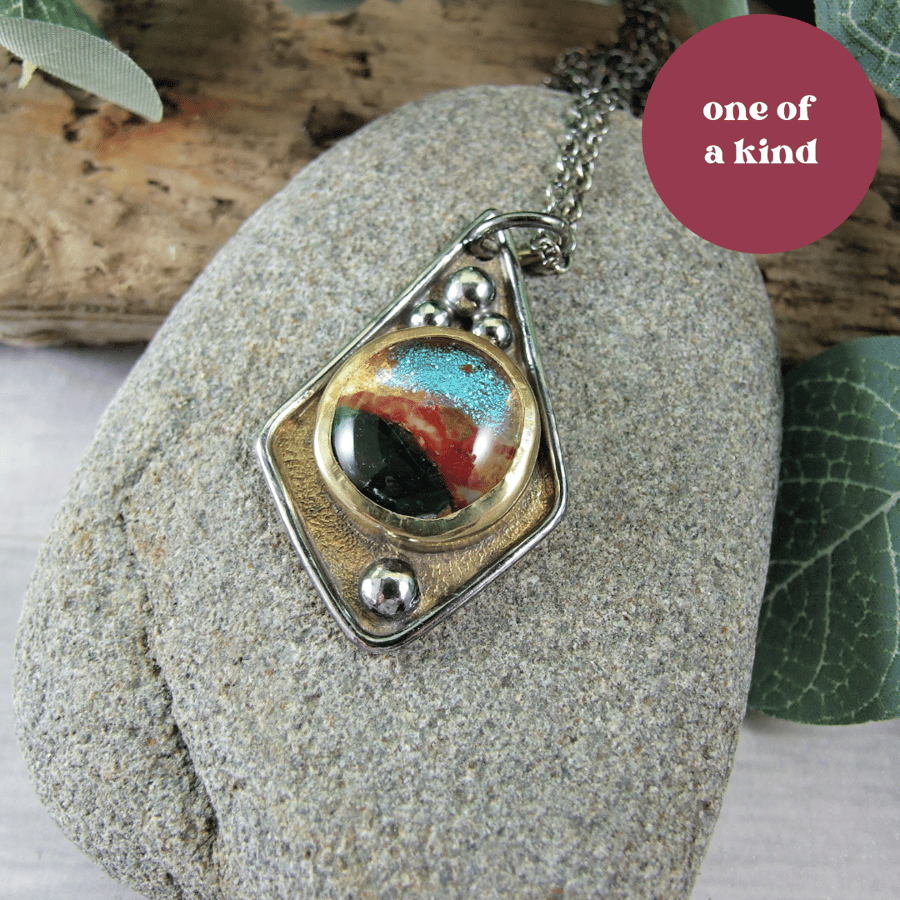 Handmade Dichroic Glass Brass Necklace on Sterling Silver Chain. Artisan Pendant