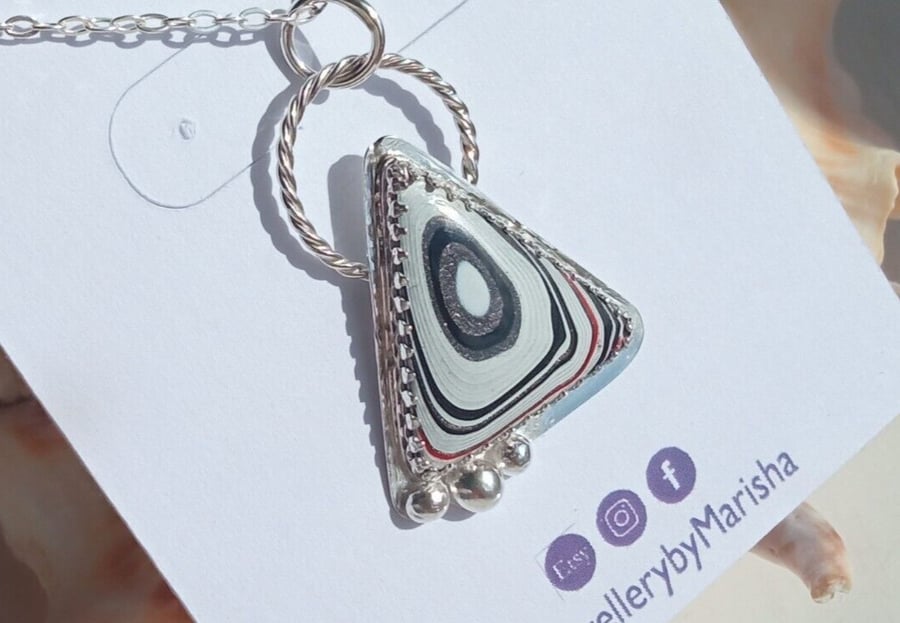 Fordite Necklace Sterling Silver Jewellery Gift Triangle Pendant Recycle Upcycle