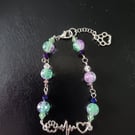 Silver, green and purple beaded animal lover lobster-clasp bracelet 