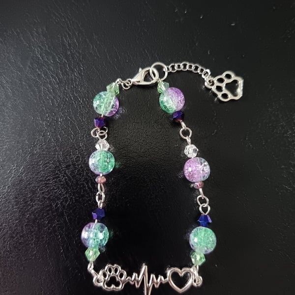 Silver, green and purple beaded animal lover lobster-clasp bracelet 