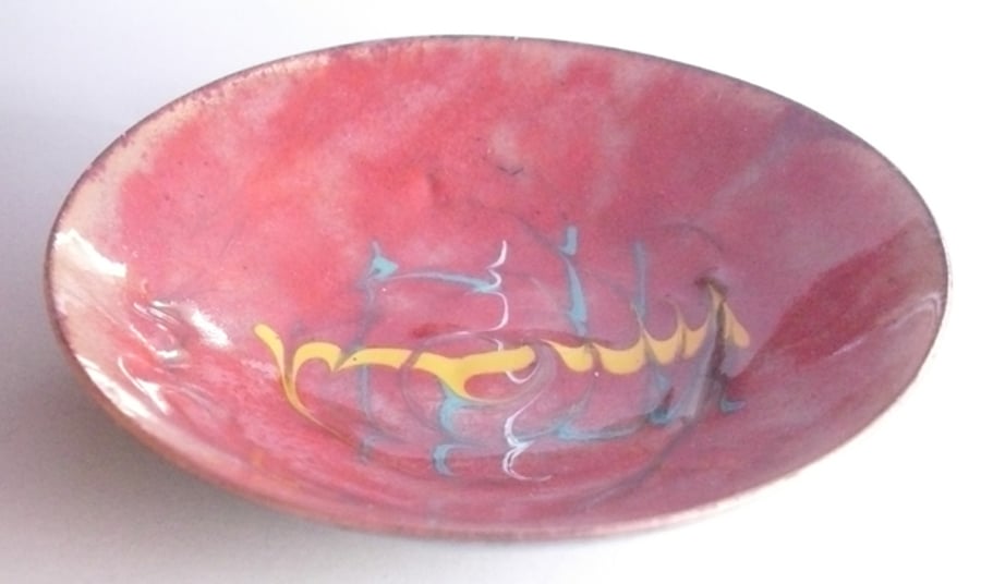 Enamel dish -scrolled turquoise, white and yellow on red over clear enamel