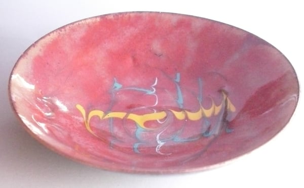 Enamel dish -scrolled turquoise, white and yellow on red over clear enamel