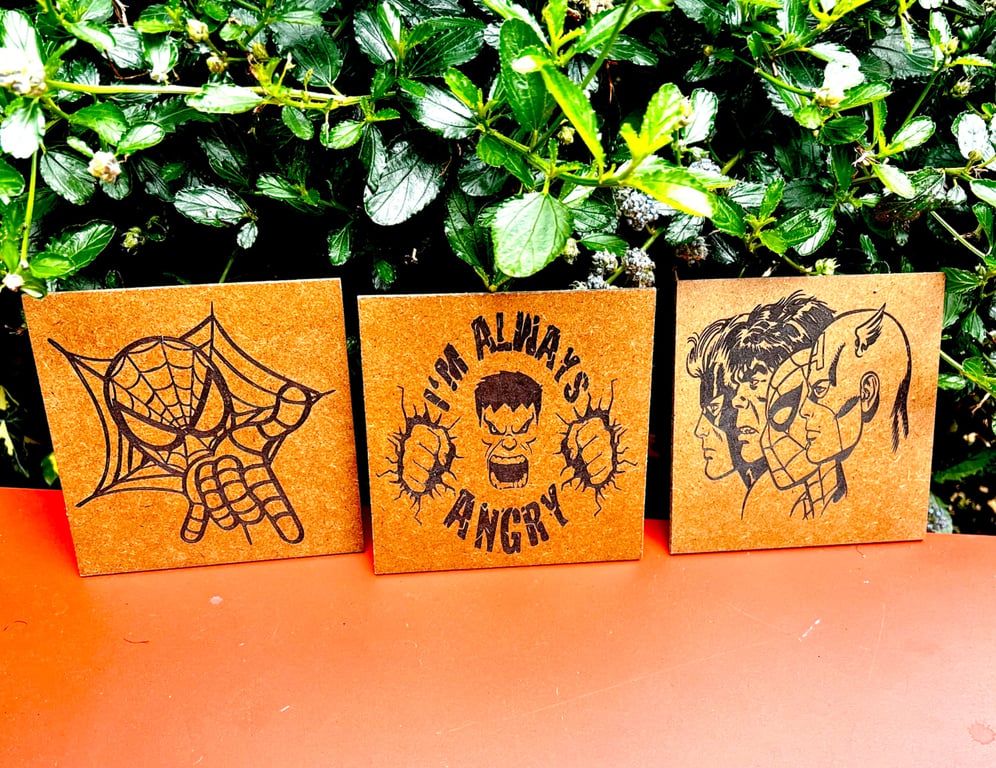 Three Marvel Inspired Wooden Coasters – Handmade Engraved Superhero Gift Set