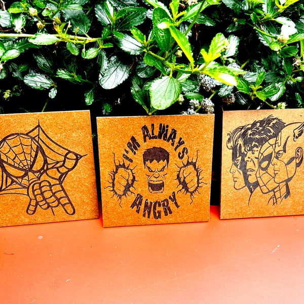 Three Marvel Inspired Wooden Coasters – Handmade Engraved Superhero Gift Set