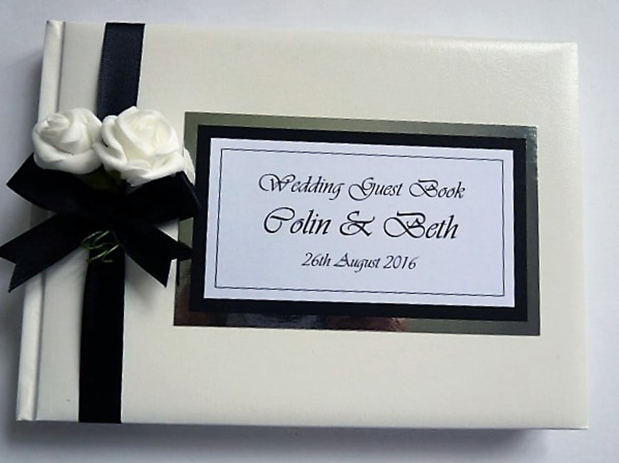 Wedding guest book with roses, black and white wedding guest book