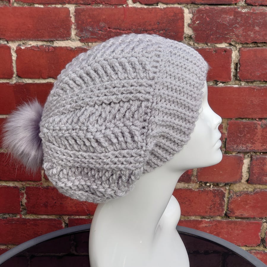 Crochet silver grey slouchy beanie hat with silver fur pompom