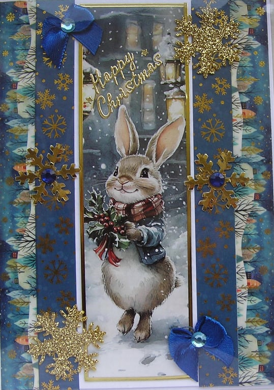 Hand Crafted Decoupage Chistmas Card - Happy Christmas (3212) Cute Bunny Rabbit