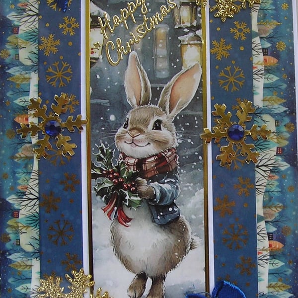Hand Crafted Decoupage Chistmas Card - Happy Christmas (3212) Cute Bunny Rabbit