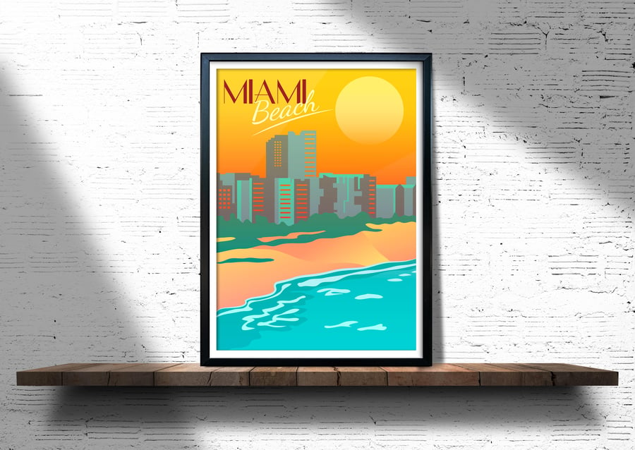 Miami retro travel poster, Miami beach wall print, retro wall decor