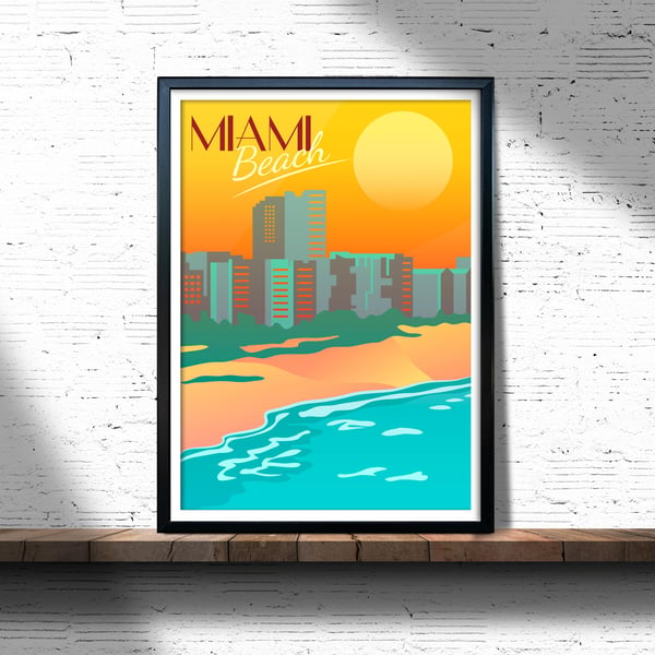 Miami retro travel poster, Miami beach wall print, retro wall decor