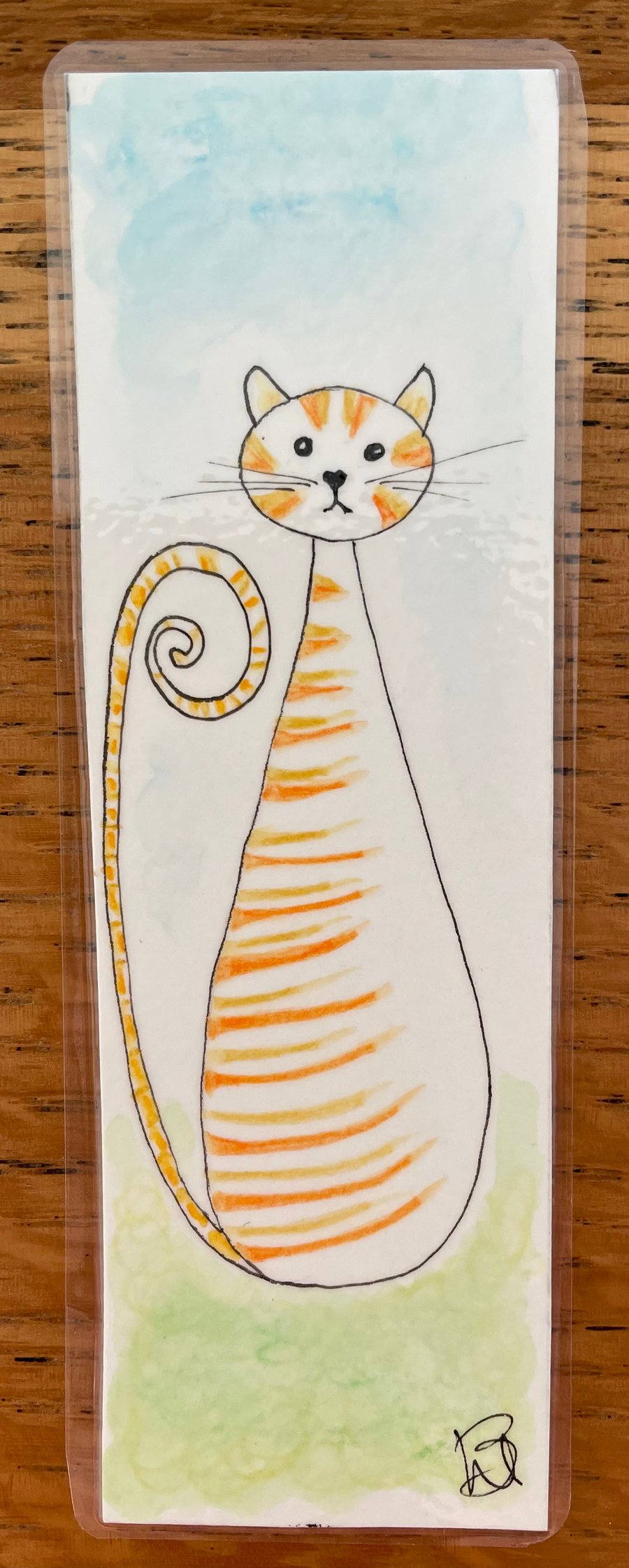 Seconds Sunday. Hand painted original watercolour and ink fat cat bookmark