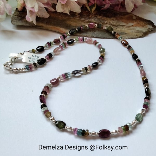 35.15ct Genuine Rainbow Tourmaline Dainty Sterling Silver Necklace ONE OFF