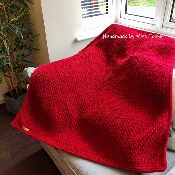Crochet Afghan, Sofa throw, Chunky throw, Red blanket