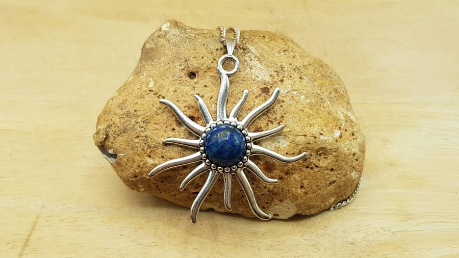 Boho Lapis lazuli sunburst Pendant. September birthstone