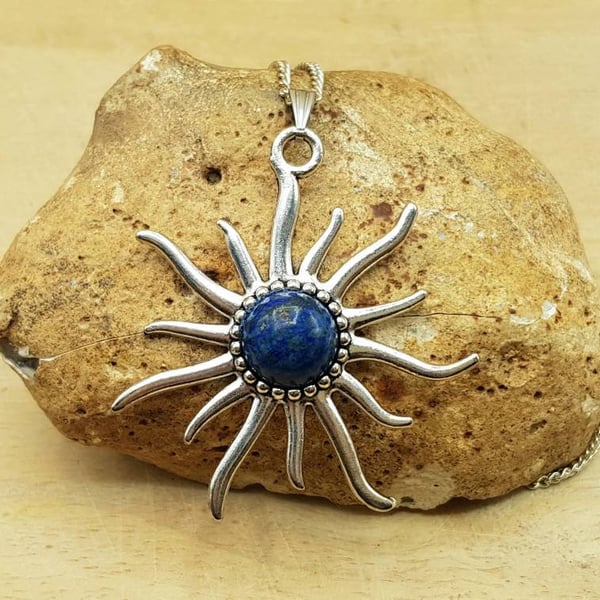 Boho Lapis lazuli sunburst Pendant. September birthstone