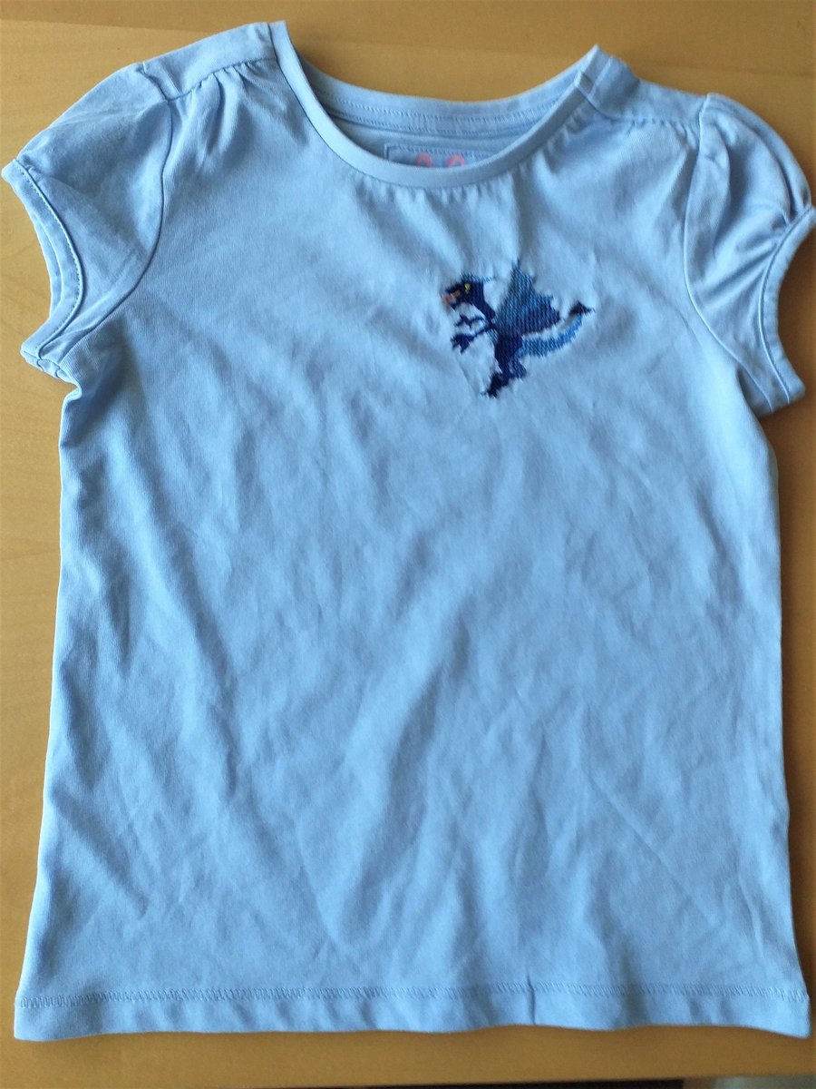 Blue, Dragon, T-shirt age 5, hand embroidered