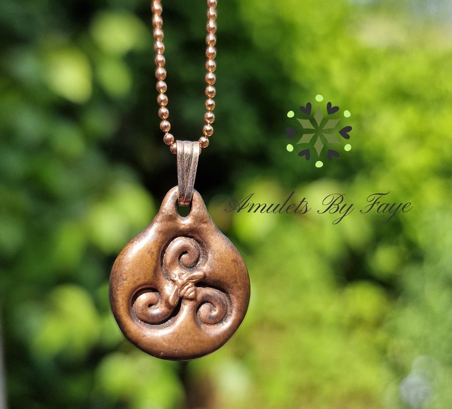 Recycled Small Copper Celtic Triskele with Tiny Bee in Centre Pendant Necklace.