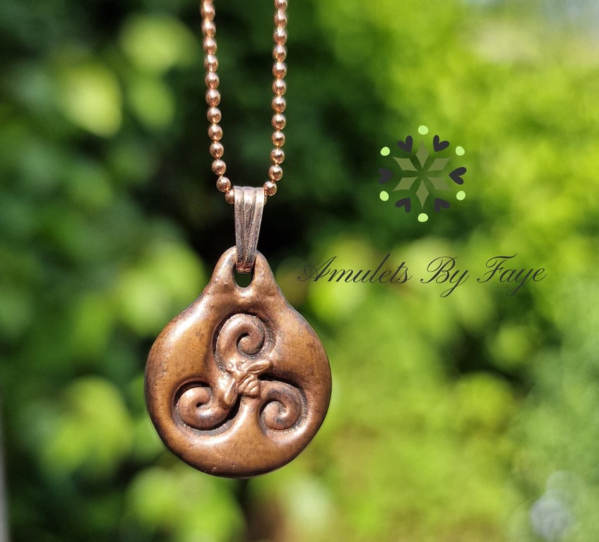 Recycled Small Copper Celtic Triskele with Tiny Bee in Centre Pendant Necklace.