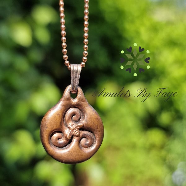 Recycled Small Copper Celtic Triskele with Tiny Bee in Centre Pendant Necklace.