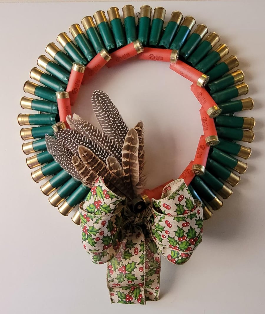 Christmas Wreath Shotgun cartridge wreath ribbon and Feathers