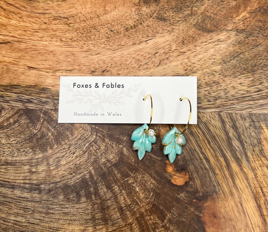 Petit Aqua Leaf Hoop Earrings with Pearls