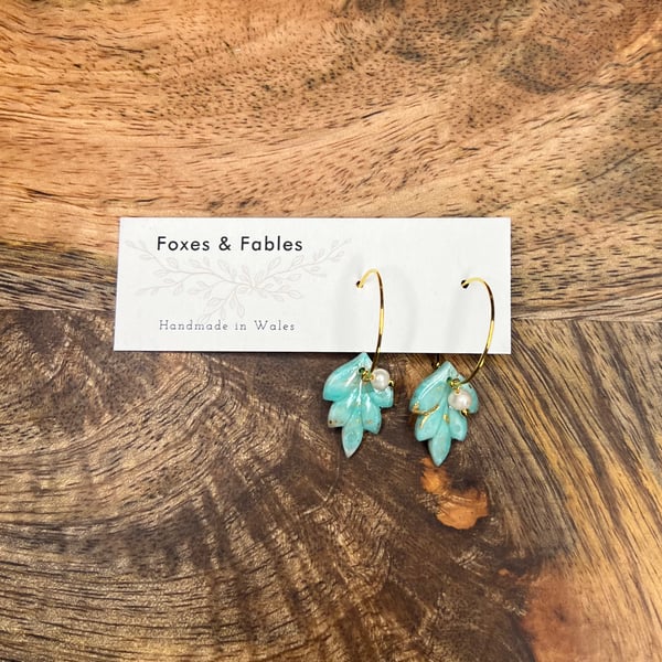 Petit Aqua Leaf Hoop Earrings with Pearls