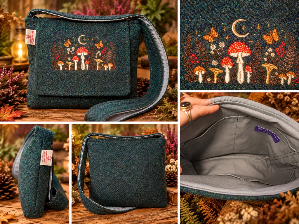 Harris Tweed Crossbody Bag with Mushrooms 